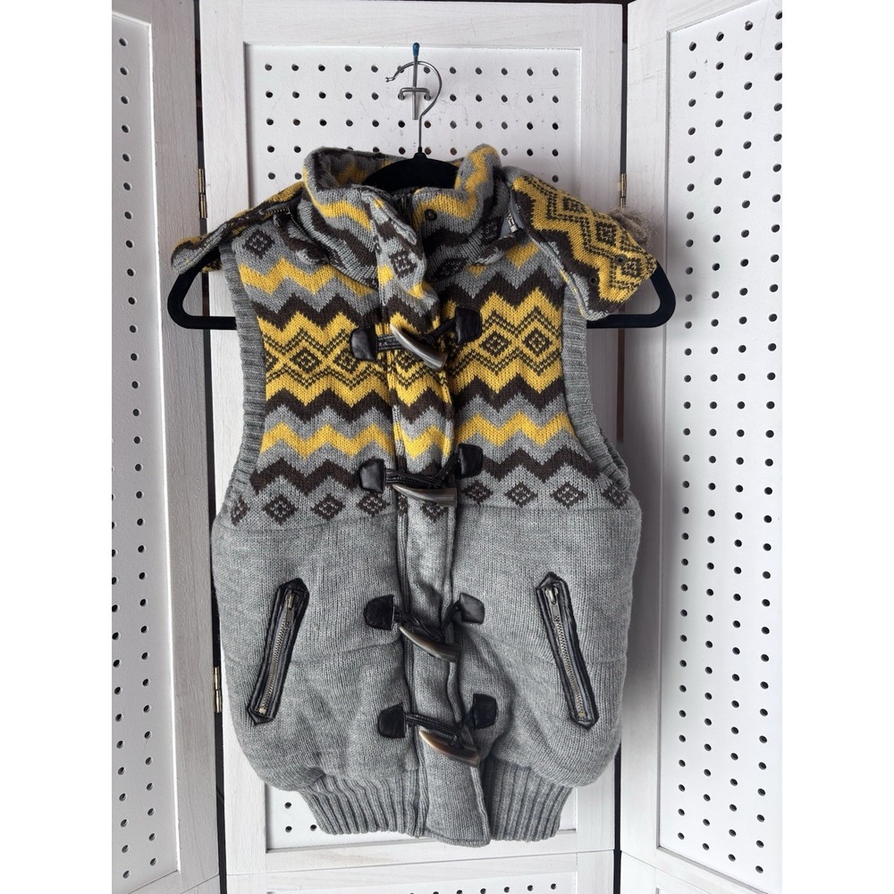 VTG 90s Y2K dELiA's Sweater Puffer Zip Vest Toggle Hood Nordic Fair Isle XS